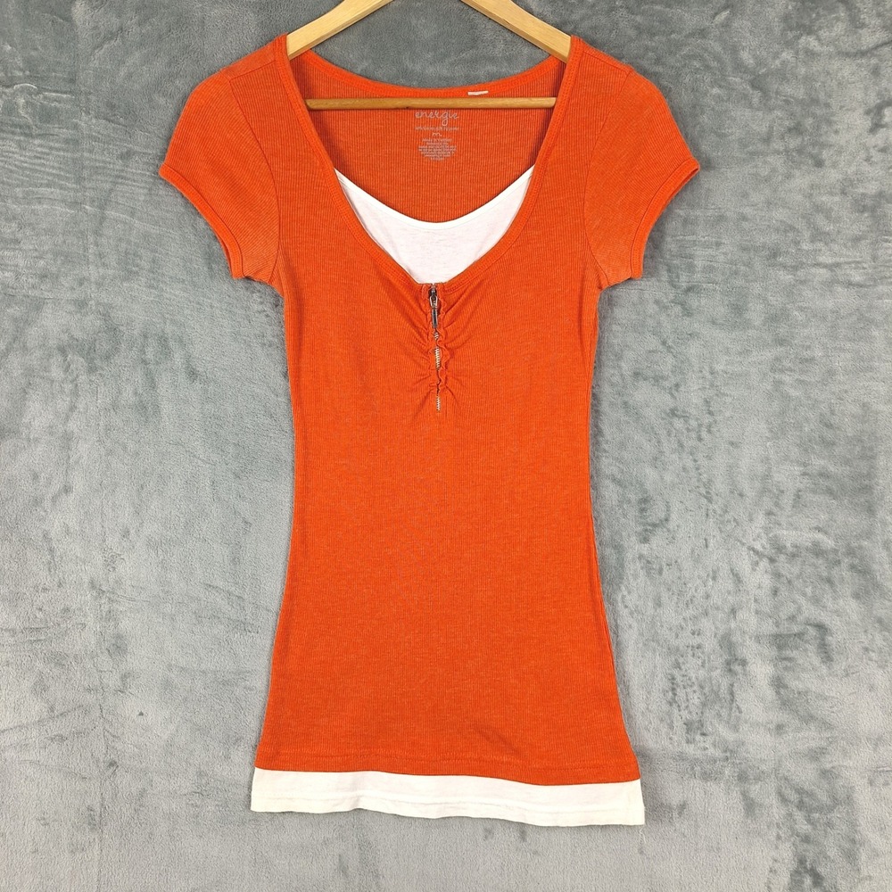 Womens Top Medium Orange Y2K Zip Henley Fitted Preppy Layered Ribbed Bella Swan‎